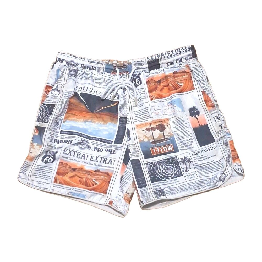 ​NO BOUNDARIES MENS SWIM TRUNKS MEDIUM 32 ROUTE 66 NEWSPAPER VINTAGE POCKET SHOR